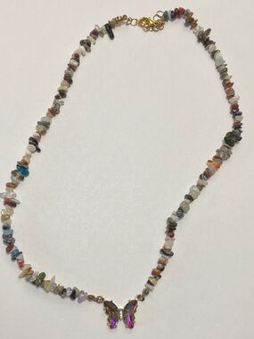 Multicolor Beaded Necklace Iridescent Butterfly Pendant Boho Gem Stone Whimsy